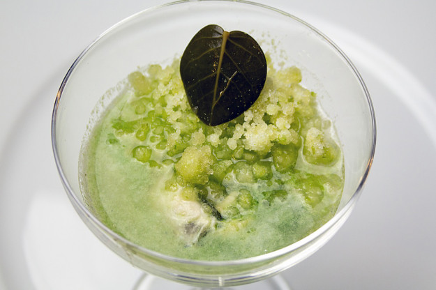 Ostrica in centrifugato di mela verde e cetriolo, con foglia di cappero e frutto della passione, preparata e fotografata da Giorgio Giorgetti, personal chef Varese Como Milano Lombardia, su Cucino di te.