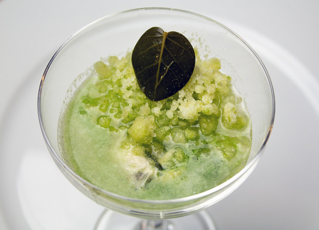 Ostrica in centrifugato di mela verde e cetriolo, con foglia di cappero e frutto della passione Ostrica in centrifugato di mela verde e cetriolo, con foglia di cappero e frutto della passione, preparata e fotografata da Giorgio Giorgetti, personal chef Varese Como Milano Lombardia, su Cucino di te.