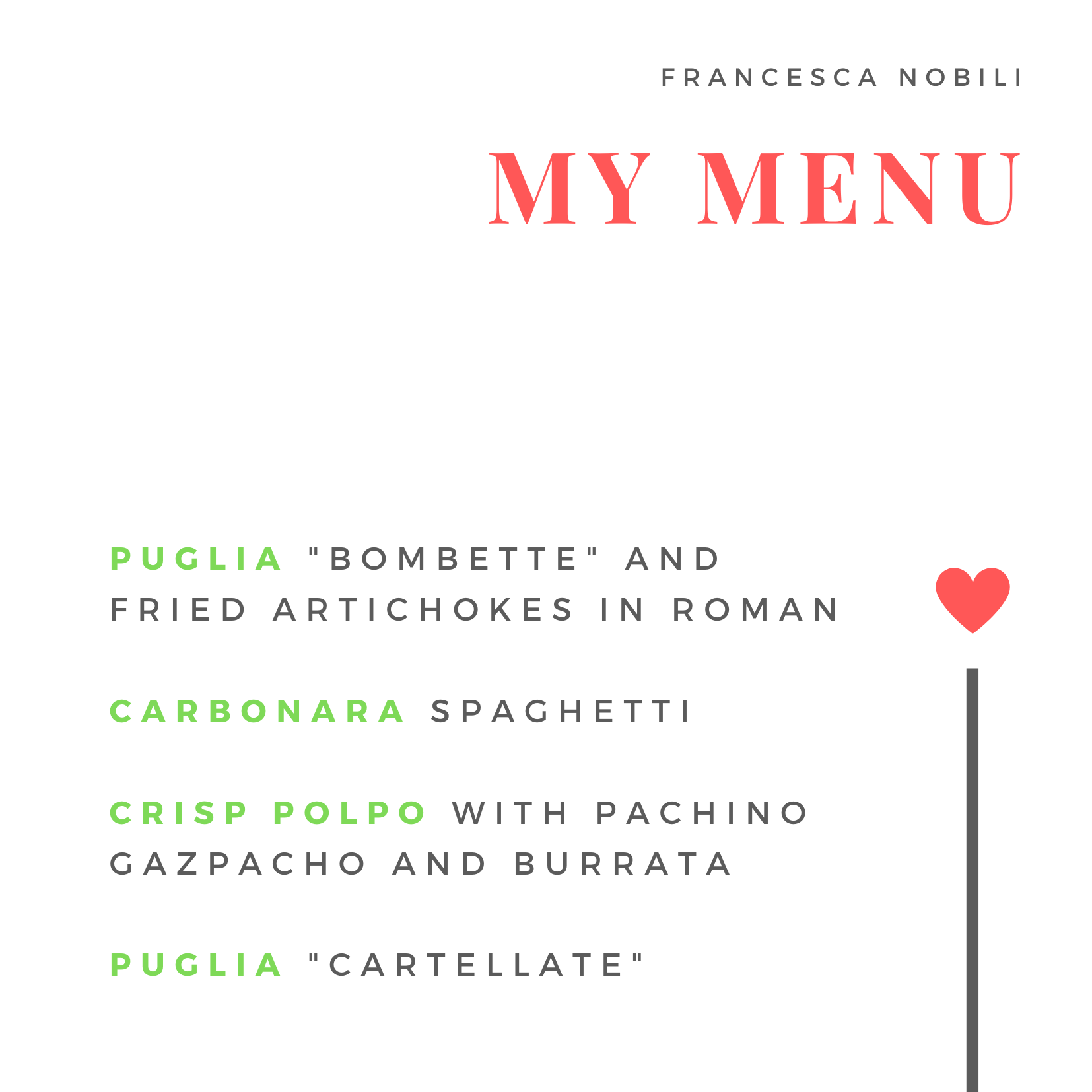 Francesca Nobili's menu for Cucino di Te