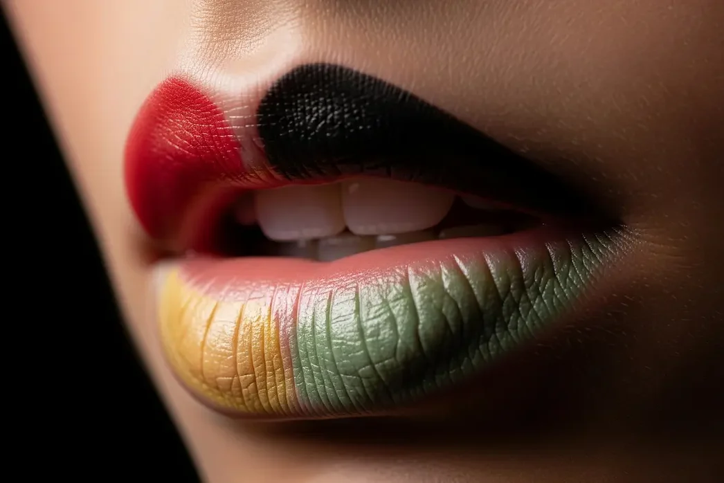 Labbra femminili dipinte con colori artistici: la sinestesia tra colore e sapore nell'approccio di Cucino di Te, private chef tra Lombardia e Canton Ticino.