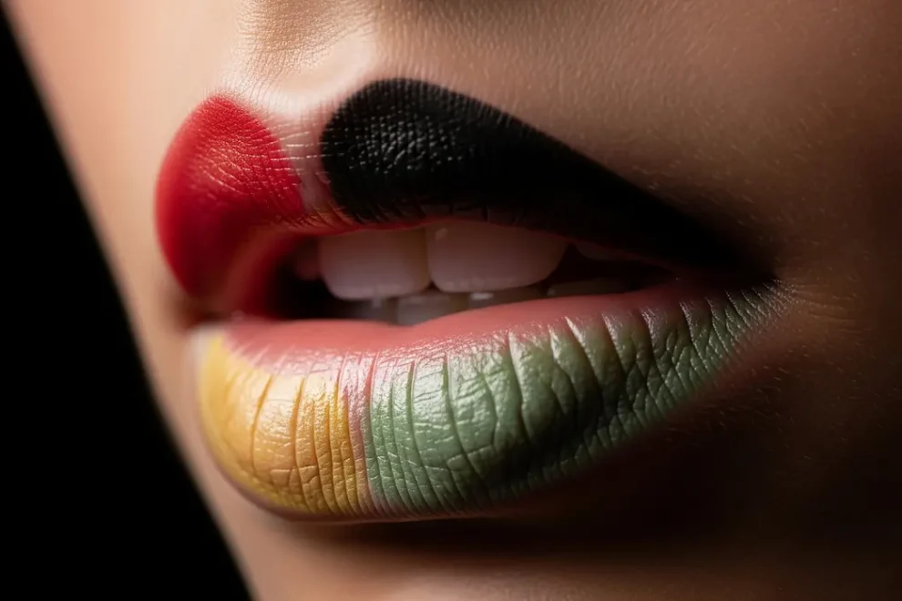 Labbra femminili dipinte con colori artistici: la sinestesia tra colore e sapore nell'approccio di cucino di te, private chef tra lombardia e canton ticino.