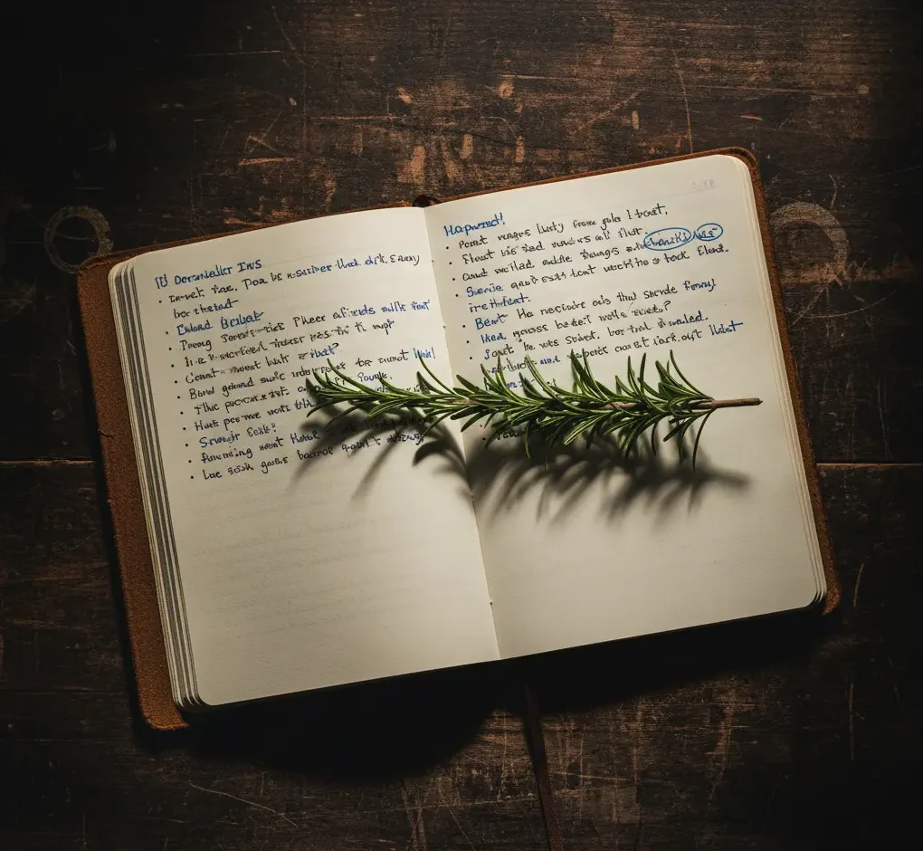 Un taccuino modello Moleskine, con appunti scritti in bell'ordine, quasi a voler prendere nota di un menù su misura, simboleggiato dal ramoscello di rosmarino. Un oggetto che appartiene a Cucino di Te, chef a domicilio per Varese e provincia.