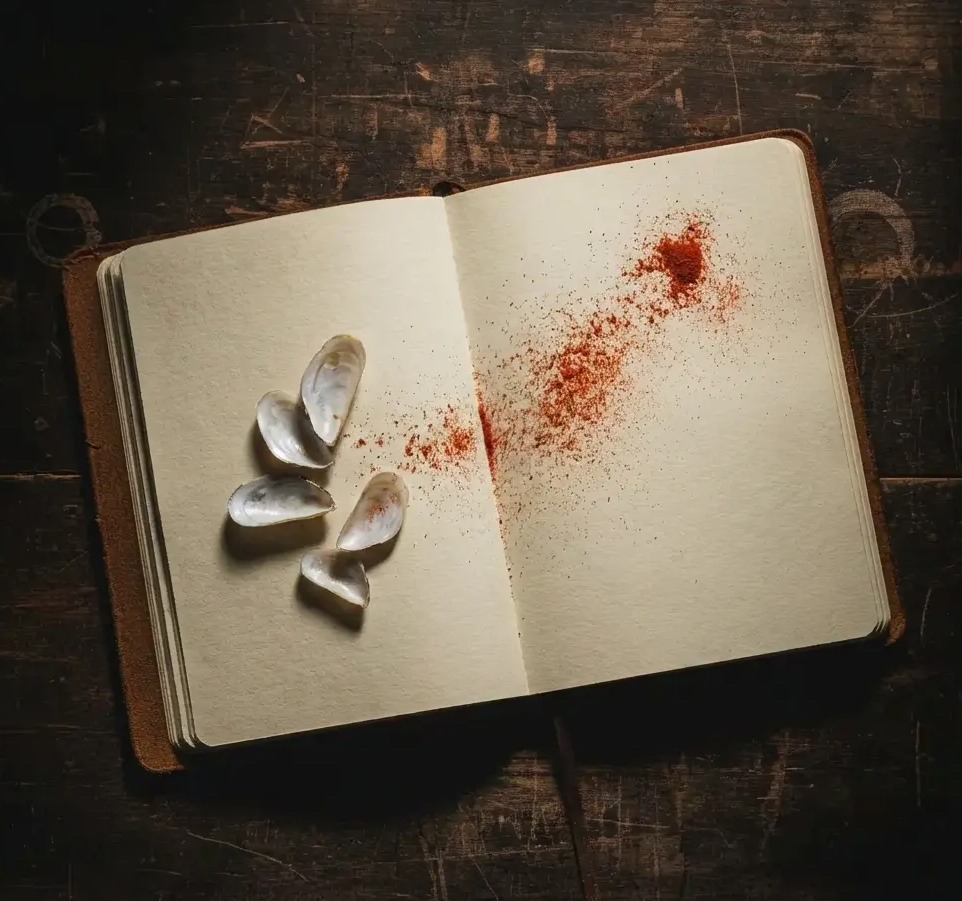 taccuino del giornalista con vongole e paprika copia Un taccuino modello Moleskine, con pagine bianche, gusci di vongole, polvere di paprika: simboleggiano un'esperienza gastronomica tutta ancora da progettare. Un oggetto che appartiene a Cucino di Te, chef a domicilio per Varese e provincia.